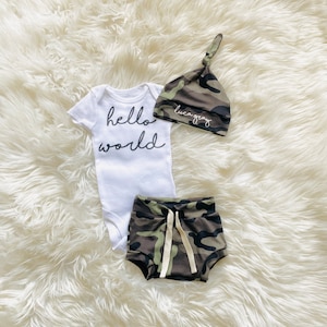 Camo bummies, newborn boy name coming home outfit summer, Baby boy coming home outfit, newborn boy take home outfit, image 1