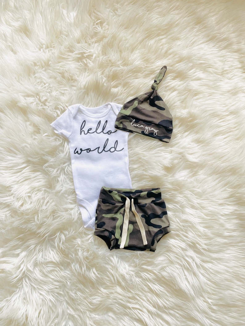 Camo bummies, newborn boy name coming home outfit summer, Baby boy coming home outfit, newborn boy take home outfit, image 1