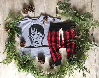 Baby Boy Christmas Toddler Boy/ Toddler Christmas Outfit / Plaid Christmas Outfit // HOME ALONE shirt // Plaid Joggers// Toddler Plaid Outfi