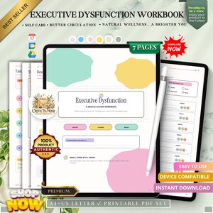 May include: A digital Executive Dysfunction workbook displayed on a tablet screen with a stylus. The workbook features colourful abstract shapes, grid patterns, and text including Executive Dysfunction, A Gentle Action Workbook, and Small Steps Still Count.