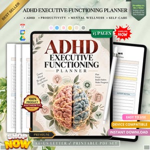 Może przedstawiać: Cyfrowy planer ADHD Executive Functioning Planner wyświetlony na tablecie z rysikiem. Okładka zawiera ilustrację podzielonego mózgu, jedna strona różowa, druga niebieska, otoczoną elementami botanicznymi oraz tekstem, w tym ADHD Executive Functioning Planner, Same Mind Brighter Possibilities, Plan, Focus, Build Habits, Make Progress.
