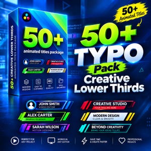 May include: A digital product box for a 50+ animated titles package featuring the text 50+ TYPO Pack Creative Lower Thirds. The design includes blue, green, and yellow accents with various lower third examples for names like John Smith and Alex Carter.
