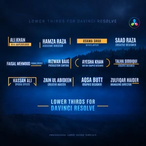 May include: A digital template for DaVinci Resolve featuring twelve distinct lower third designs. Each layout displays a name and job title, including Ali Khan, Hamza Raza, Usama Shah, Saad Raza, Faisal Mehmood, Rizwan Baig, Ayesha Khan, and Talha Siddiqui.
