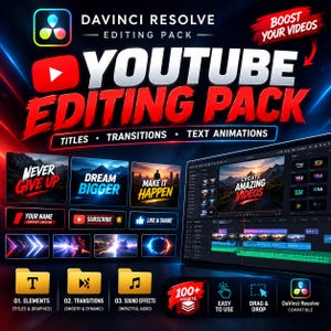 Puede incluir: Un paquete de edición de YouTube para DaVinci Resolve que incluye títulos, transiciones y animaciones de texto. El gráfico muestra varias plantillas de video, una interfaz de software e iconos para elementos, transiciones y efectos de sonido.
