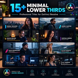 May include: A digital display showcasing 15+ Minimal Lower Thirds for DaVinci Resolve. The graphic features eight distinct video frames with various people and professional titles like Emma Wilson, James Carter, and David Miller in a grid layout.