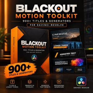 May include: Blackout Motion Toolkit software box for DaVinci Resolve featuring 900+ titles and generators. The packaging displays bold orange and black branding with text overlays showcasing cinematic titles, lower thirds, and animated text.