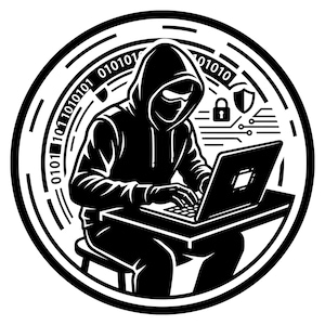 May include: A circular black and white graphic featuring a hooded figure typing on a laptop. The design includes binary code, a padlock icon, and a shield symbol within the border, representing digital security and computer programming themes.