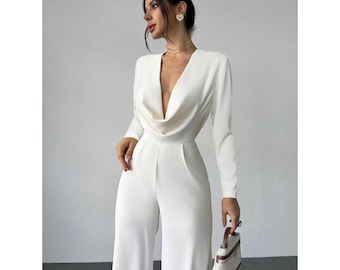White Deep Cowl Neck Backless Wide Leg Jumpsuit with Long Sleeves and Fitted Waist