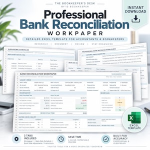 Peut inclure: Un modèle Excel de rapprochement bancaire professionnel par The Bookkeeper's Desk. Le document présente des sections détaillées pour les calendriers de support, les éléments de rapprochement bancaire et les indicateurs de révision.