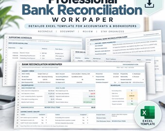 May include: A professional bank reconciliation workpaper Excel template by The Bookkeeper's Desk. The document features detailed sections for supporting schedules, bank-side reconciling items, and review flags, presented in a clean, organised layout.