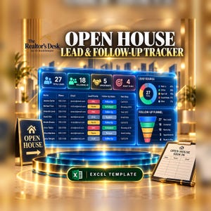 May include: A digital Open House Lead & Follow-Up Tracker dashboard displayed on a glowing blue screen, featuring data tables, a pie chart, and a funnel graphic. Includes a small Open House sign, a sign-in sheet, and an Excel Template label.