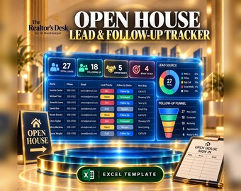 May include: A digital Open House Lead & Follow-Up Tracker dashboard displayed on a glowing blue screen, featuring data tables, a pie chart, and a funnel graphic. Includes a small Open House sign, a sign-in sheet, and an Excel Template label.