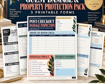 May include: A set of five printable forms titled Guest Damage & Property Protection Pack. The documents feature sections for post-checkout damage inspection, room-by-room checks, and incident snapshots with text in black, blue, and peach colours.