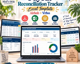 May include: A Payout Reconciliation Tracker Excel template for Airbnb and Vrbo displayed on a laptop screen. The interface shows financial data, bar charts, and a pie chart. The image includes text such as The Host's Desk, Hosts Do More, and Less guessing. More clarity.