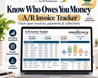 May include: A laptop displaying an A/R Invoice Tracker Excel spreadsheet dashboard. The screen shows tables for open invoices, payment tracking, and collections attention, alongside an A/R aging bar chart. Text includes The Bookkeeper's Desk branding.