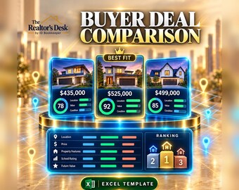 May include: A digital Buyer Deal Comparison Excel template featuring three house listings with prices of $435,000, $525,000, and $499,000. The graphic includes a ranking podium, location, value, and condition metrics, and the text The Realtor's Desk.