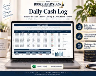 May include: A laptop screen displaying a Daily Cash Log spreadsheet for small businesses. The interface includes columns for date, location, register, shift, expected cash, actual cash, over/short, and cash removed, with a monthly summary section.