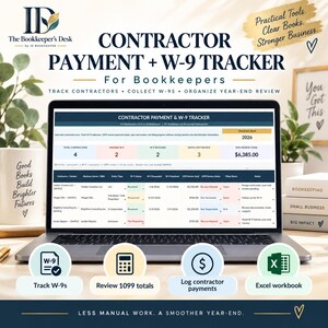 Peut inclure: Un écran d'ordinateur portable affiche une feuille de calcul de suivi des paiements des entrepreneurs et des formulaires W-9. L'interface présente des colonnes pour les noms, le statut W-9 et les totaux 1099. Quatre icônes circulaires illustrent le suivi des W-9, la révision des totaux 1099, l'enregistrement des paiements et l'utilisation d'un classeur Excel.