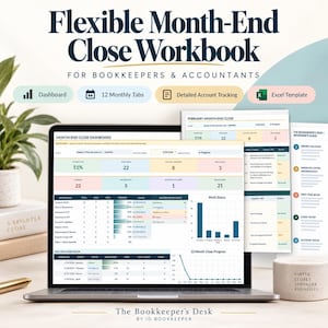 Peut inclure: Un classeur numérique de clôture mensuelle flexible pour comptables affiché sur un écran d'ordinateur portable. L'interface présente un tableau de bord avec des données, des barres de progression et des graphiques pour le suivi des comptes.