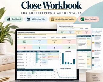 Puede incluir: Un libro de trabajo digital de cierre mensual flexible para contadores en la pantalla de una computadora portátil. La interfaz muestra un panel con tablas de datos, barras de progreso y gráficos para el seguimiento detallado de cuentas.