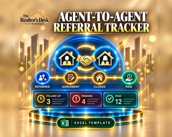 May include: An Agent-to-Agent Referral Tracker Excel template graphic featuring a glowing blue and gold interface. It displays icons for referred, agreement, closed, and paid stages, with status boxes for follow-up, pending, and paid referral counts.