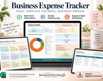 May include: A digital business expense tracker Excel template displayed on a laptop and two tablets. The screens show an expense dashboard with a pie chart, an expense log, and instructional text. The interface features pastel-coloured sections.