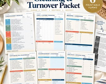 May include: A set of six printable cleaning and turnover forms for hosts, featuring checklists for laundry, amenities, guest-ready walkthroughs, and deep cleaning tasks. The documents include colour-coded sections and a black and white version.