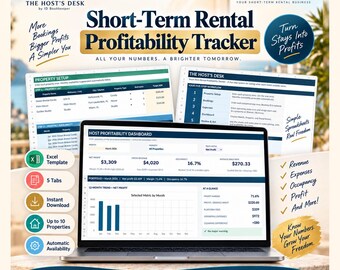 May include: A laptop displaying a Short-Term Rental Profitability Tracker dashboard with financial data, charts, and property setup spreadsheets. The screen shows net profit, revenue, occupancy, and daily rates, alongside icons for Excel, tabs, and downloads.
