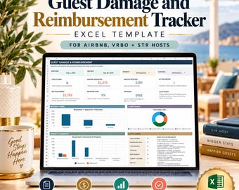 May include: A digital Guest Damage and Reimbursement Tracker Excel template for Airbnb, VRBO, and STR hosts. The screen displays a dashboard with financial data, claim status charts, and action queues. Includes an instant download badge.