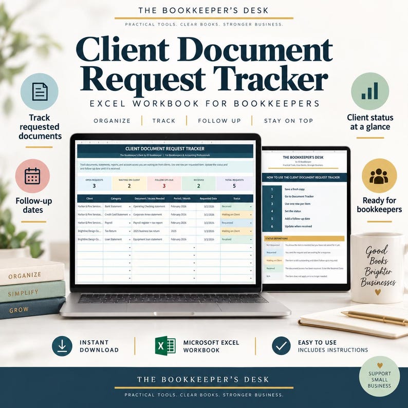 Peut inclure: Un classeur Excel num&eacute;rique de suivi des demandes de documents clients pour comptables affich&eacute; sur un &eacute;cran d'ordinateur portable et de tablette. L'interface pr&eacute;sente des colonnes pour le client, la cat&eacute;gorie, le document et le statut.