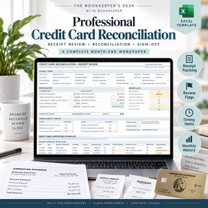 Peut inclure: Un écran d'ordinateur affichant un modèle Excel de rapprochement de carte de crédit avec sections de revue de reçus et validation. À côté se trouvent une carte American Express, deux reçus papier et un mug blanc avec du texte.