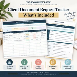 Peut inclure: Un mod&egrave;le num&eacute;rique de suivi des demandes de documents clients par The Bookkeeper's Desk. Le document comprend une feuille de calcul de suivi avec des colonnes pour le client, la cat&eacute;gorie et le statut, ainsi qu'un guide d'utilisation et des donn&eacute;es.