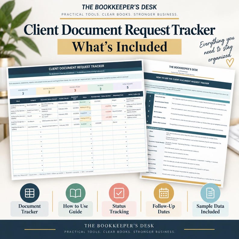 Peut inclure: Un mod&egrave;le num&eacute;rique de suivi des demandes de documents clients par The Bookkeeper's Desk. Le document comprend une feuille de calcul de suivi avec des colonnes pour le client, la cat&eacute;gorie et le statut, ainsi qu'un guide d'utilisation et des donn&eacute;es.