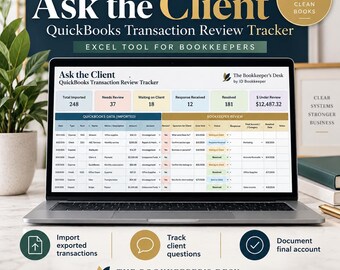 Puede incluir: Una pantalla de portátil que muestra el Ask the Client QuickBooks Transaction Review Tracker, una herramienta de Excel para contables. La interfaz presenta datos de transacciones, columnas de estado y métricas resumidas de registros financieros.