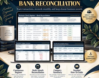 May include: A digital business check register and bank reconciliation spreadsheet template displayed on computer screens. The interface features columns for dates, descriptions, categories, payments, deposits, and balances, with summary tables for monthly history.