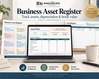 May include: A digital business asset register Excel spreadsheet displayed on a laptop screen, featuring an asset desk dashboard, summary tables for depreciation and book value, and printed instruction sheets for tracking business assets.
