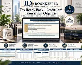 May include: A digital tax-ready bank and credit card transaction organiser Excel workbook for small business owners. The image displays a laptop screen showing spreadsheet tabs, import guides, transaction logs, and monthly profit and loss summaries.