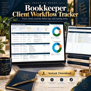 Peut inclure: Un ordinateur portable affichant un tableau de bord Bookkeeper Client Workflow Tracker avec des tableaux et des graphiques, accompagné d'un presse-papier, d'un carnet avec un stylo doré et d'une tasse marquée Bookkeepers Build Brighter Businesses.