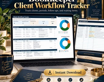 May include: A laptop displaying a Bookkeeper Client Workflow Tracker dashboard with data tables and pie charts, alongside a clipboard, a notebook with a gold pen, and a mug labelled Bookkeepers Build Brighter Businesses, all on a marble surface.