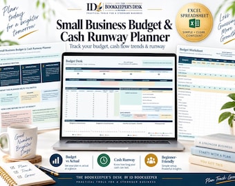 May include: A digital small business budget and cash runway planner displayed on a laptop screen, accompanied by printed worksheets, a white mug with the text Good Numbers Brighter Days, and a spiral notebook with the text Plan Track Grow.