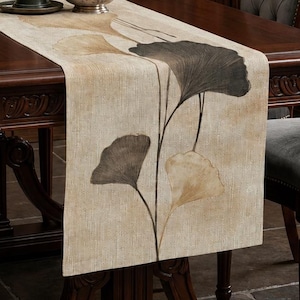 Chemin de table Feuille de Ginkgo, Décoration de salle à manger botanique automnale, Chemin de table aspect lin Zen Nature, 33 cm de large