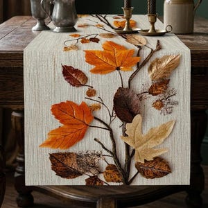 Fallen Leaf Vine Table Runner, Autumn Pressed Leaves, Rustic Botanical Farmhouse Decor
