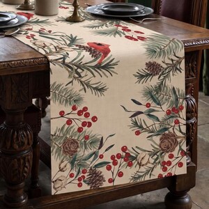 Cardinal Bird Pine Table Runner, Christmas Farmhouse Style, Winter Berry Botanical Decor