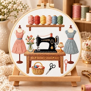 May include: An embroidery hoop featuring a stitched scene of a sewing room with a black sewing machine on a wooden table, two dress forms in pink and blue, a shelf of colorful thread spools, a flower vase, a basket of yarn, and scissors.
