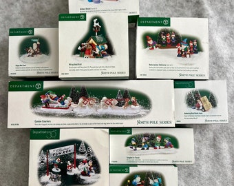 Dept56 North Pole Series Elves Working Christmas Day Deliveries Trimming The Tree Fun Run Hand Painted Miniature Elves Porcelain Figurines