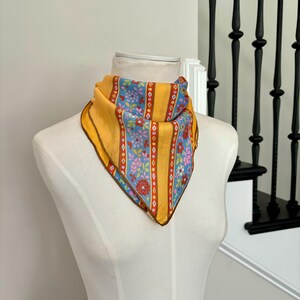 Silk Scarf Yellow Floral Hand Rolled Silk Scarf  23 Inch Square Gold Blue Orange Pink Florals Silk Scarf Glentey Made in Japan 100% Silk