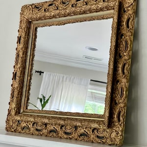 Vintage Gold Gilt Mirror Ornate Squarish Rectangular Gold Gilt Mirror 37x 33 Carved Gold Frame Small Decorative Wall/ Mantel Mirror