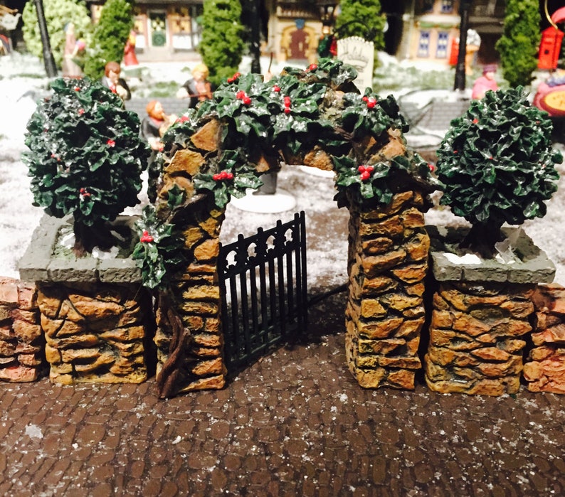 Department 56 Stone Corner Posts With Holly Tree And Stone Etsy