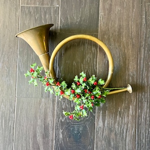 Handcrafted Solid Brass French Horn Door Hanger/ Christmas Wreath Holly Leaves Berries Brass French Horn Trumpet Musical Christmas Decor