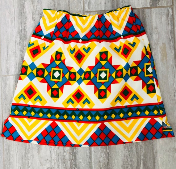 Vintage Aztec Print Skirt Bright Yellow Red Blue … - image 1